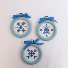 Vtg Lot of 3 Handmade Cross Stitch Wall Hangings Blue Snowflakes 3.5"