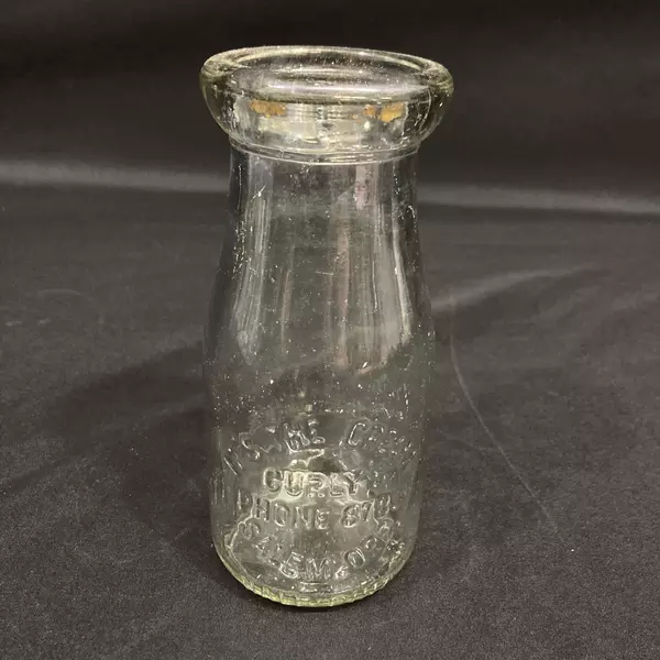 Lot of 2 Half Pint Clear Glass Milk Bottles Curly's Paul Mason Decor Crafts