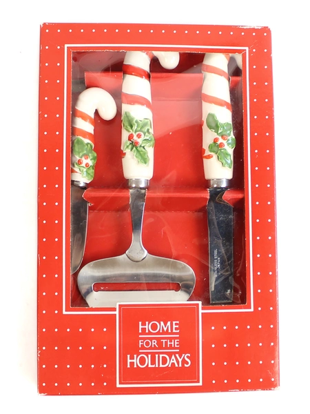 Vintage Holiday Knife Spreader Slicer Set with Ceramic Handles Gift Boxed