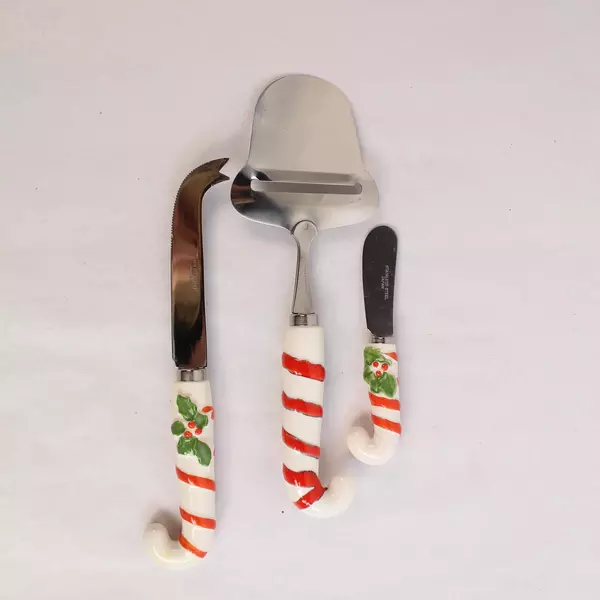 Vintage Holiday Knife Spreader Slicer Set with Ceramic Handles Gift Boxed