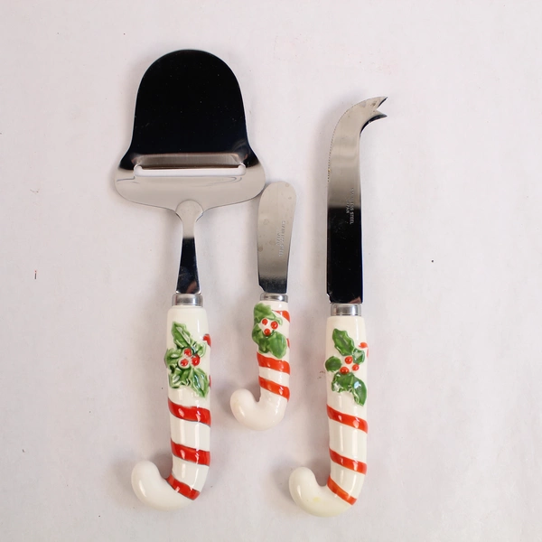 Vintage Holiday Knife Spreader Slicer Set with Ceramic Handles Gift Boxed