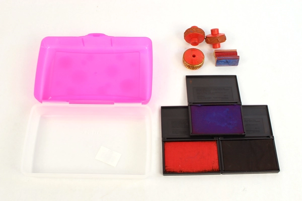 Lot of 3 Kids Stamps & Ink Pads in Storex Pink Case Dennison Carter