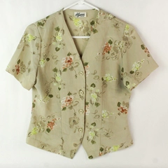 Vintage Ilyza Women's Beige Floral V Neck Button Up Short Sleeve Blouse Size S