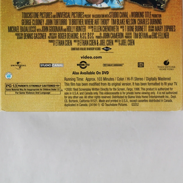 O Brother, Where Art Thou VHS 2000 Touchstone Home Video George Clooney