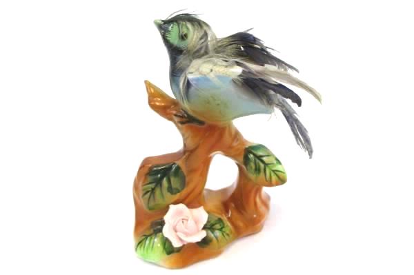 Porcelain Collectible Blue Bird with Actual Feathers Made in Japan Figurine