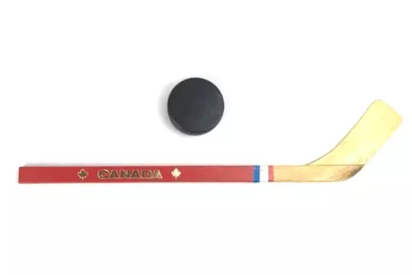 Lot of 2 Canada Souvenir Hockey Stick and Hockey Puck Flag Maple Leaf Patriotic