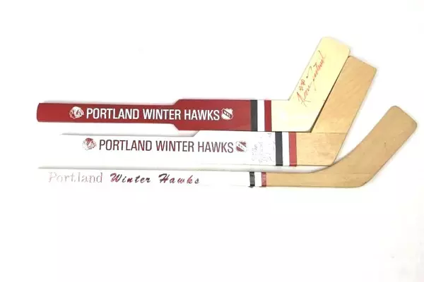 Lot of 3 Portland Winter Hawks Mini Hockey Sticks Signed Kelly Harris Jim Swan
