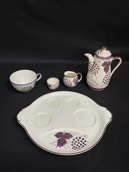 Vintage Gray's Pottery Six Piece Tea For One Set White With Purple Grapes