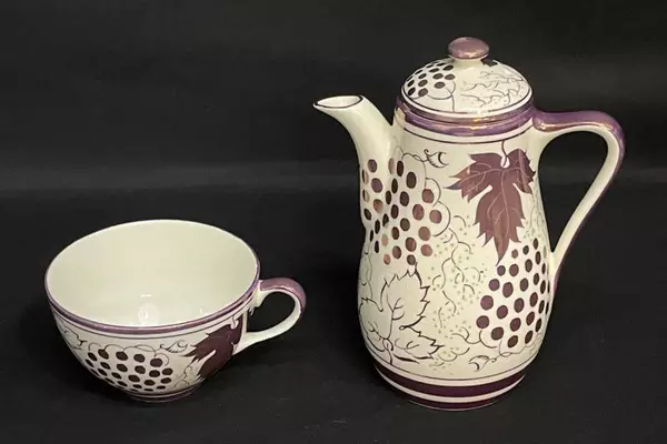 Vintage Gray's Pottery Six Piece Tea For One Set White With Purple Grapes