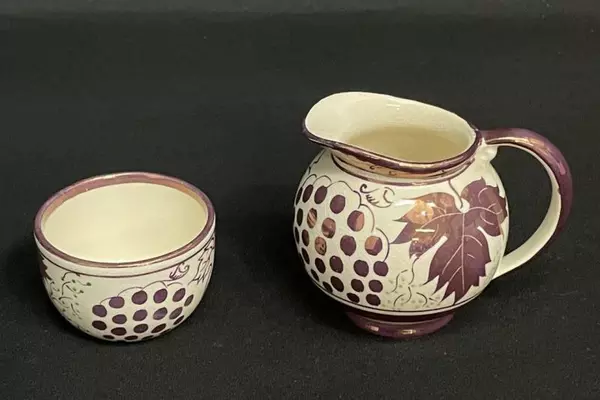 Vintage Gray's Pottery Six Piece Tea For One Set White With Purple Grapes