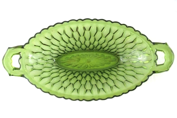Vintage Indiana Glass Pickle Dish Handles Oval Honeycomb Green Pattern