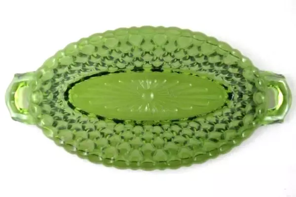 Vintage Indiana Glass Pickle Dish Handles Oval Honeycomb Green Pattern