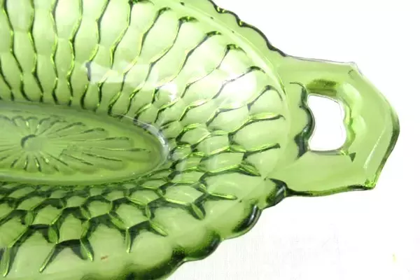 Vintage Indiana Glass Pickle Dish Handles Oval Honeycomb Green Pattern