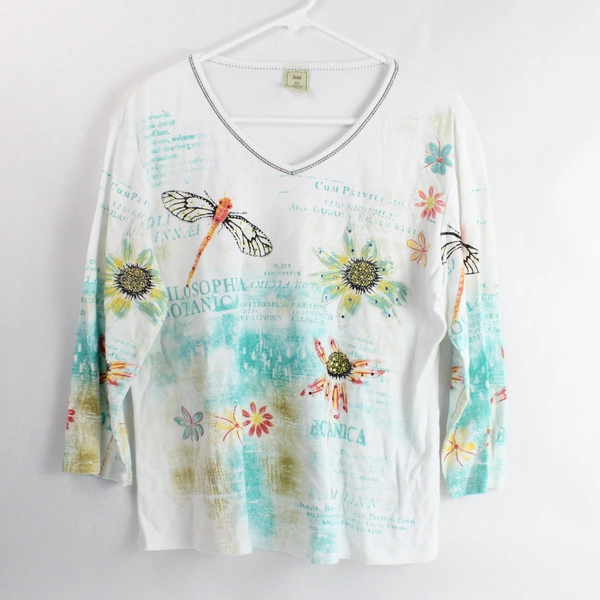 Jess & Jane White Bedazzled V-Neck T-Shirt Women's Size Medium