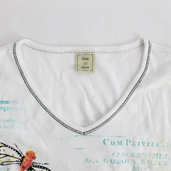 Jess & Jane White Bedazzled V-Neck T-Shirt Women's Size Medium