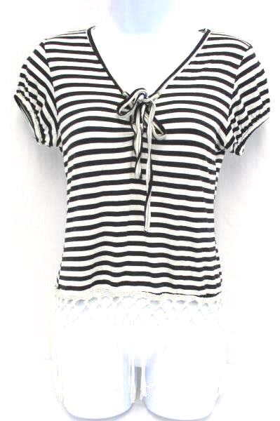 NEW Junior D'Flores Co Brown Cream Striped Short Sleeve Fringe Top Women's S