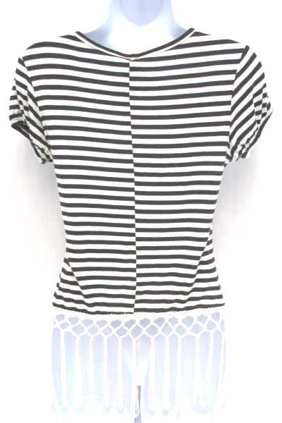 NEW Junior D'Flores Co Brown Cream Striped Short Sleeve Fringe Top Women's S