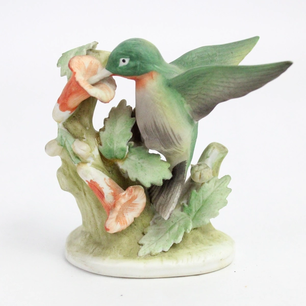 Vintage Lefton Porcelain Bisque Green Hummingbird Orange Hibiscus Figurine 3.5"