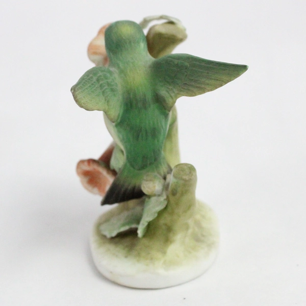 Vintage Lefton Porcelain Bisque Green Hummingbird Orange Hibiscus Figurine 3.5"