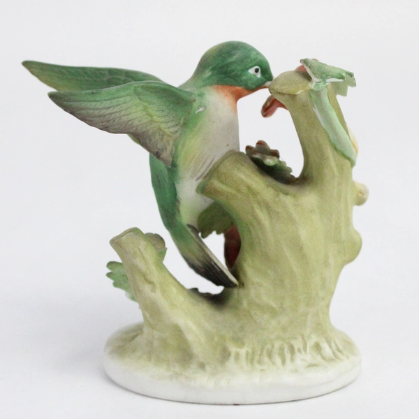 Vintage Lefton Porcelain Bisque Green Hummingbird Orange Hibiscus Figurine 3.5"