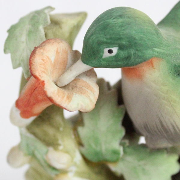 Vintage Lefton Porcelain Bisque Green Hummingbird Orange Hibiscus Figurine 3.5"