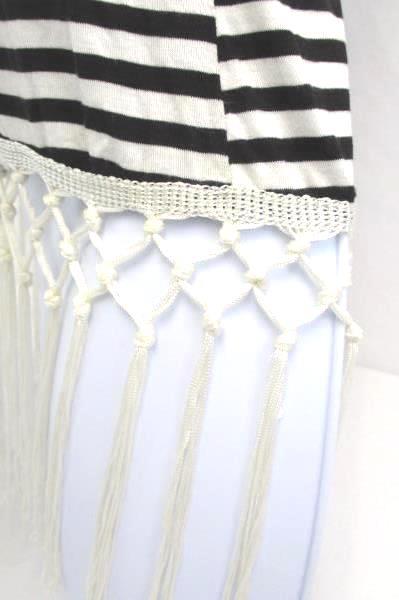 NEW Junior D'Flores Co Brown Cream Striped Short Sleeve Fringe Top Women's S