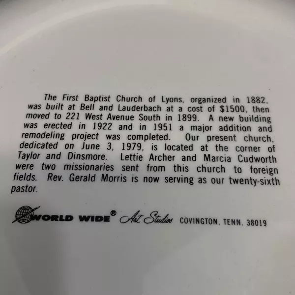 World Wide Art Studios Collector Plate First Baptist Church Lyons Kansas 