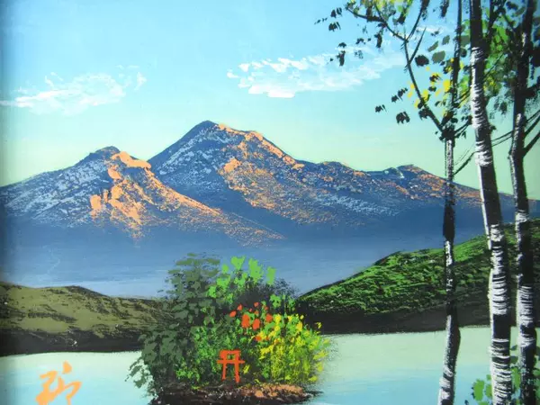 Chinese Hand Painted Landscape Print With Hand Made Wood Frame Lake Scene