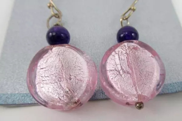 Little Wave Amethyst & Glass Dangle Earrings Pink Purple February Birthstone