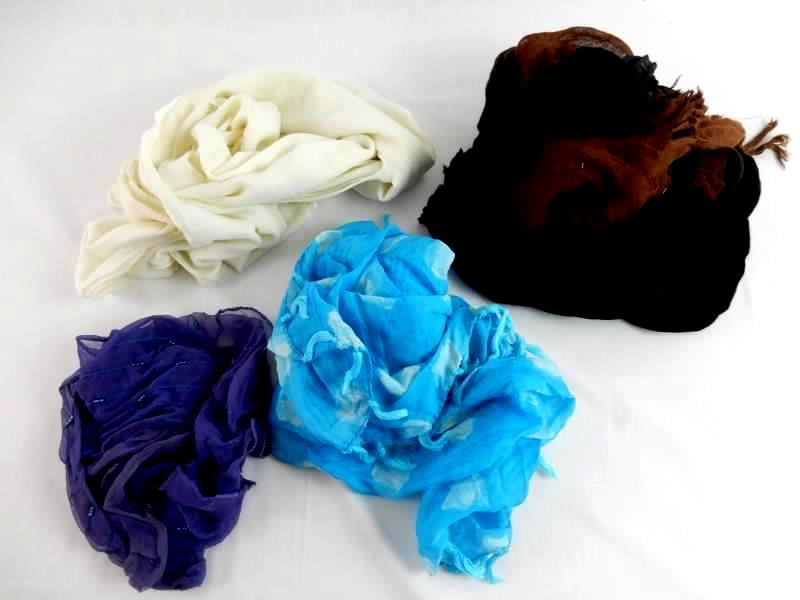 Lot of 4 Women's Scarves Scarf Fringe Semi Sheer Beaded Black Cream Brown Purple
