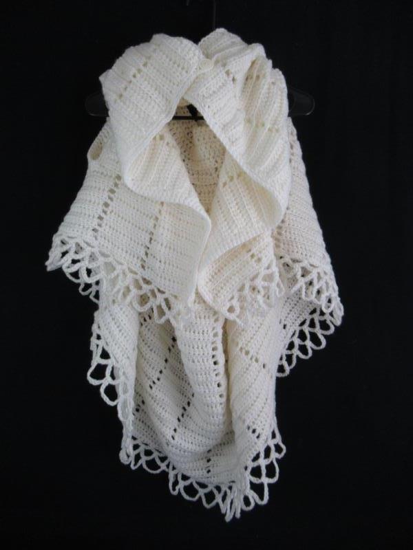 Vintage Handmade Knit Crochet Sleeveless White Cardigan Women's XL Scalloped