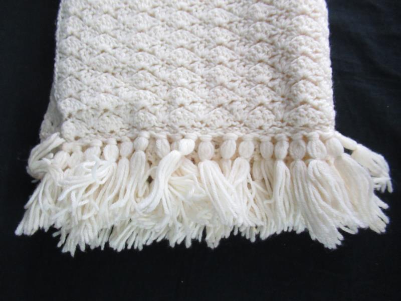 Vintage Handmade Knit Crochet Prayer Shaw Couchgan Lapgan Blanket with Fringe