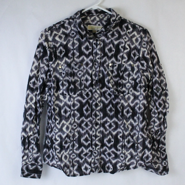 Michael Kors Button Up Shirt Blouse Black White Women's Size Large Cotton