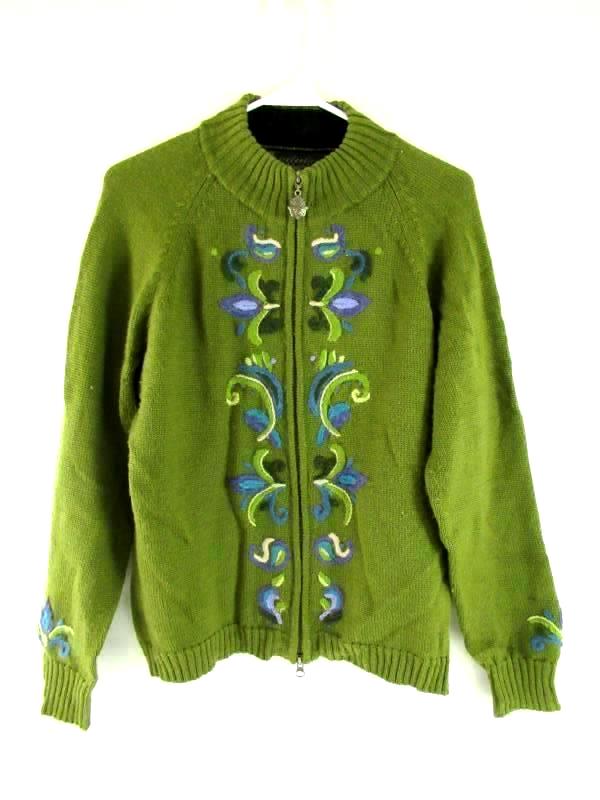 Vintage Icelandic Design Front Zip Knit Sweater Women's Size Larger Green Floral