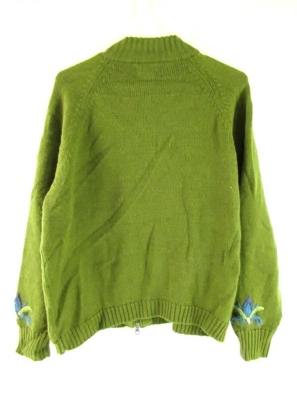 Vintage Icelandic Design Front Zip Knit Sweater Women's Size Larger Green Floral