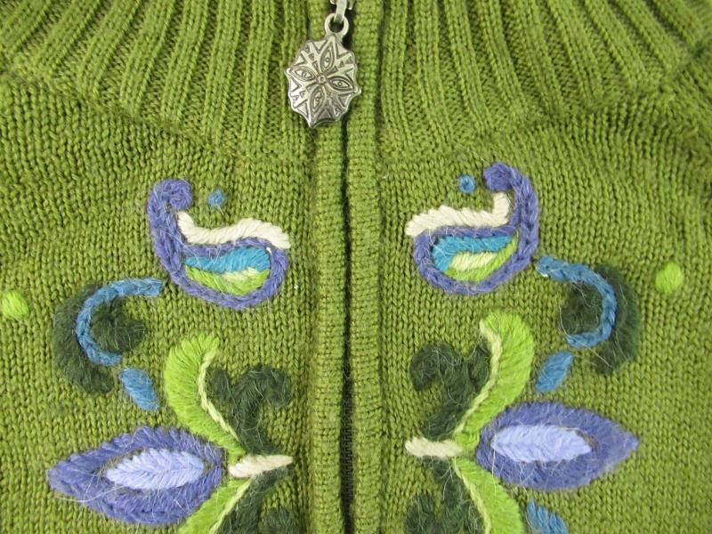 Vintage Icelandic Design Front Zip Knit Sweater Women's Size Larger Green Floral