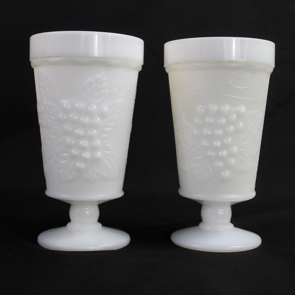 Vintage Milk Glass Goblets Grapes and Vines Pedestal Base Tumblers Lot of 2
