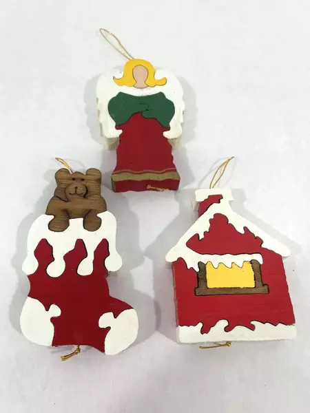 Lot of 3 Wood Puzzle Christmas Ornaments Angel House Stocking