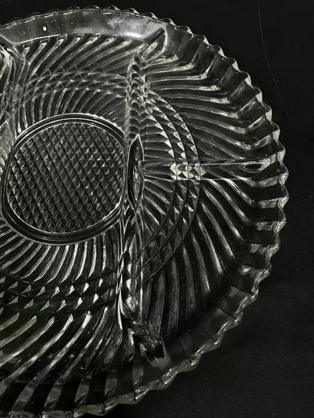 Vintage 4-Section Ribbed Glass Tray 9.75" Diameter Decorative Serveware