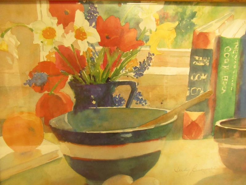Framed Judy Buswell Watercolor Painting Kitchen Scene With Flowers 12.75 x 15.5