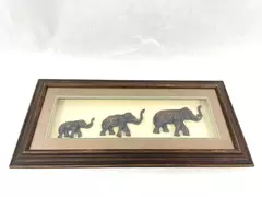 Lot of 3 Hand-Carved Wooden Elephants in Shadowbox Frame Good Condition