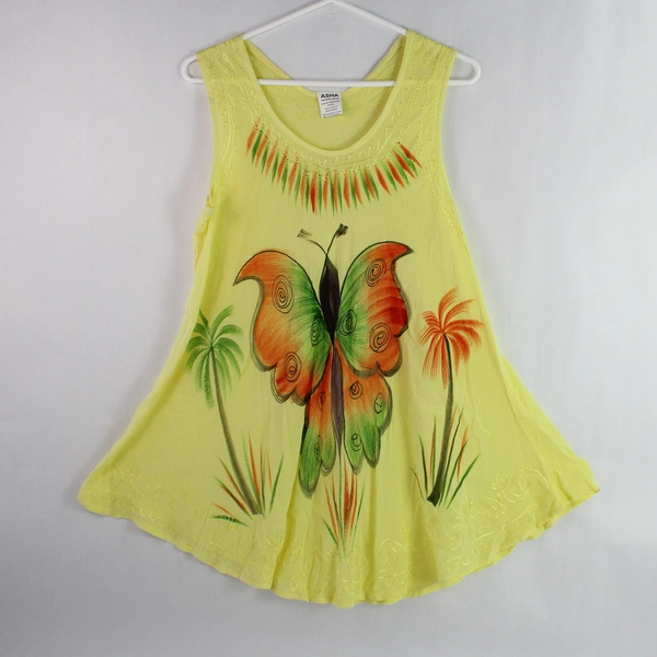 Asha Yellow Butterfly Pattern Embroidered Sleeveless Tank Top Women's One Size 