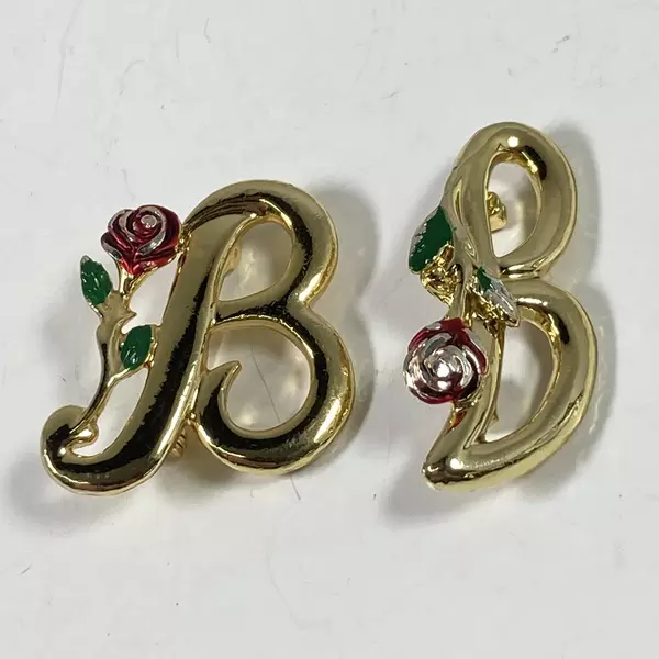 Lot of 2 Gold Tone Letter B Pins Or Brooches With Roses