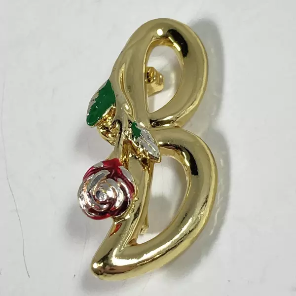 Lot of 2 Gold Tone Letter B Pins Or Brooches With Roses