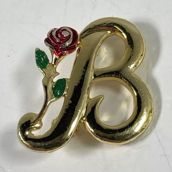 Lot of 2 Gold Tone Letter B Pins Or Brooches With Roses