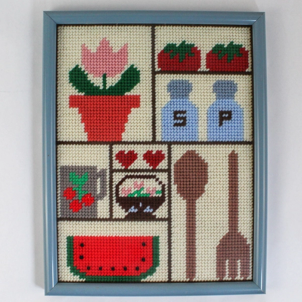 Handmade Cross Stitch Framed Picture Kitchen Theme Salt Pepper Tomatoes Utensils