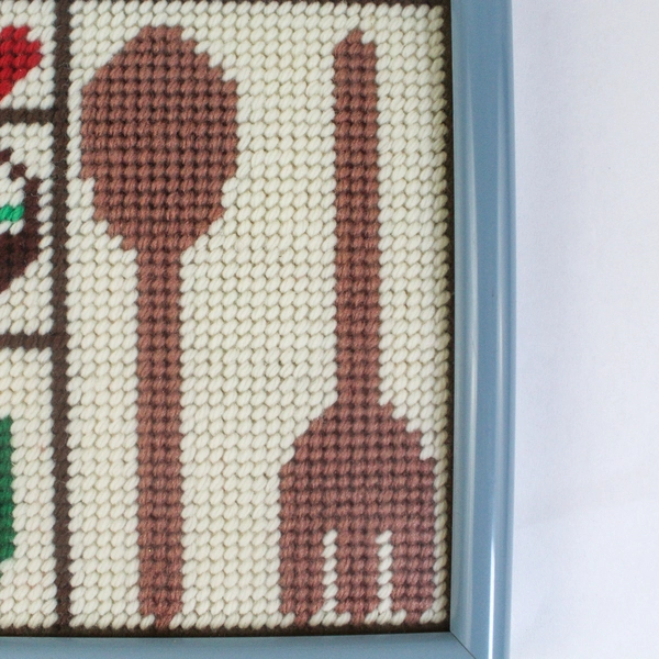 Handmade Cross Stitch Framed Picture Kitchen Theme Salt Pepper Tomatoes Utensils