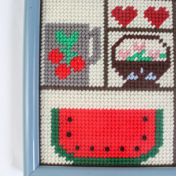 Handmade Cross Stitch Framed Picture Kitchen Theme Salt Pepper Tomatoes Utensils
