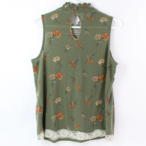 Rewind Green Floral Print Sleeveless Top with Lace Trim Women's Size Medium