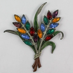 Large Vintage Flower Marquis Enamel Jeweled Bouquet Pin Brooch 1940s